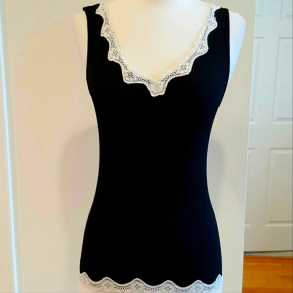 🐦‍⬛ Sweet Precious Merona Black Ribbed & Ivory Scalloped Lace Cami Tank Top - M - Picture 1 of 15